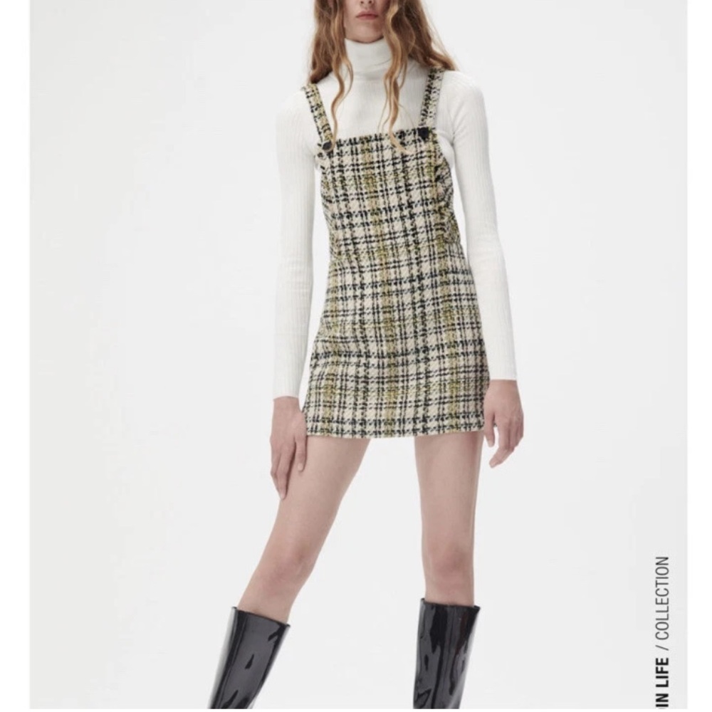 🆕 Zara XS Tweed Pinafore Mini Dress Overalls Tan and Black Plaid Woven